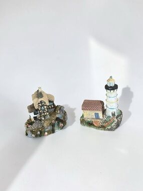 Vintage Cottage Lighthouse Figurine Set Miniature Coastal Village Decor